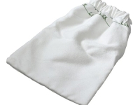Witte stoffen beschermzak met elastiek aan de bovenzijde en een groen LCK-logo.