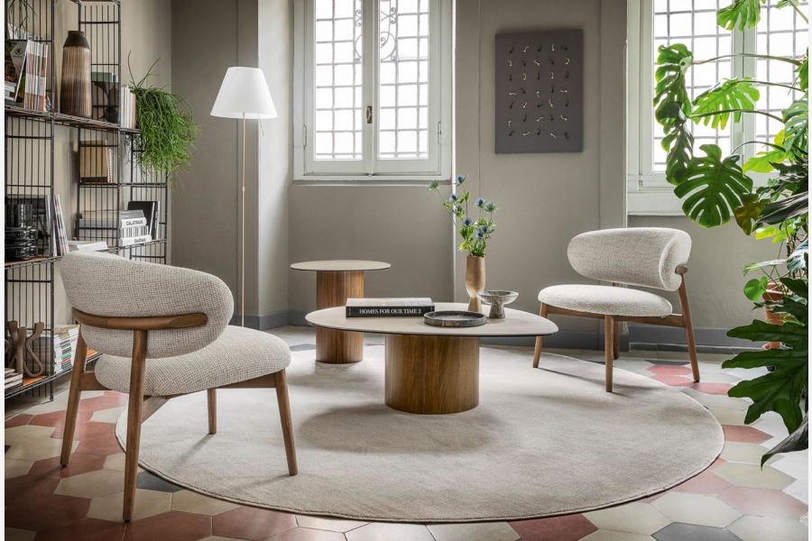 Een woonkamer met twee fauteuils, twee bijzettafels en een salontafel op een rond vloerkleed.