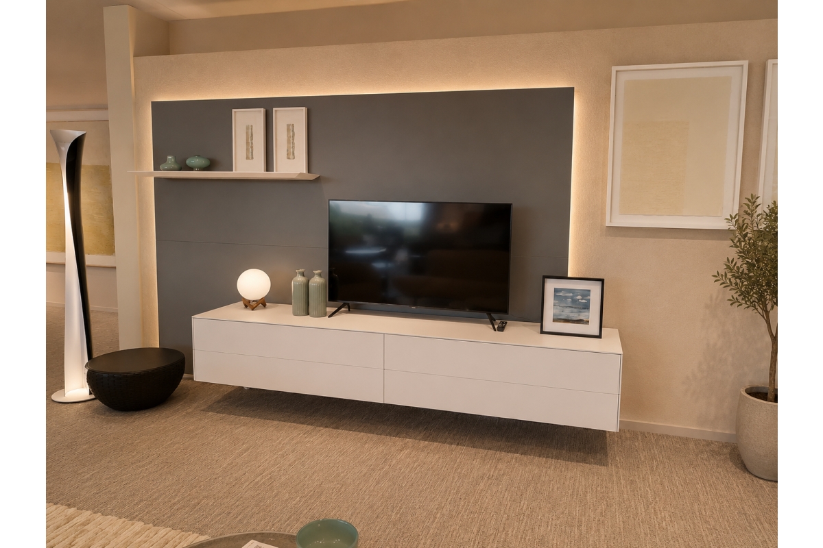 Woonkamer met wit zwevend tv-meubel, wandpaneel en een staande lamp.