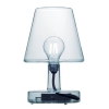 Transparante tafellamp met zichtbare gloeilamp en zwarte fitting, op een witte a