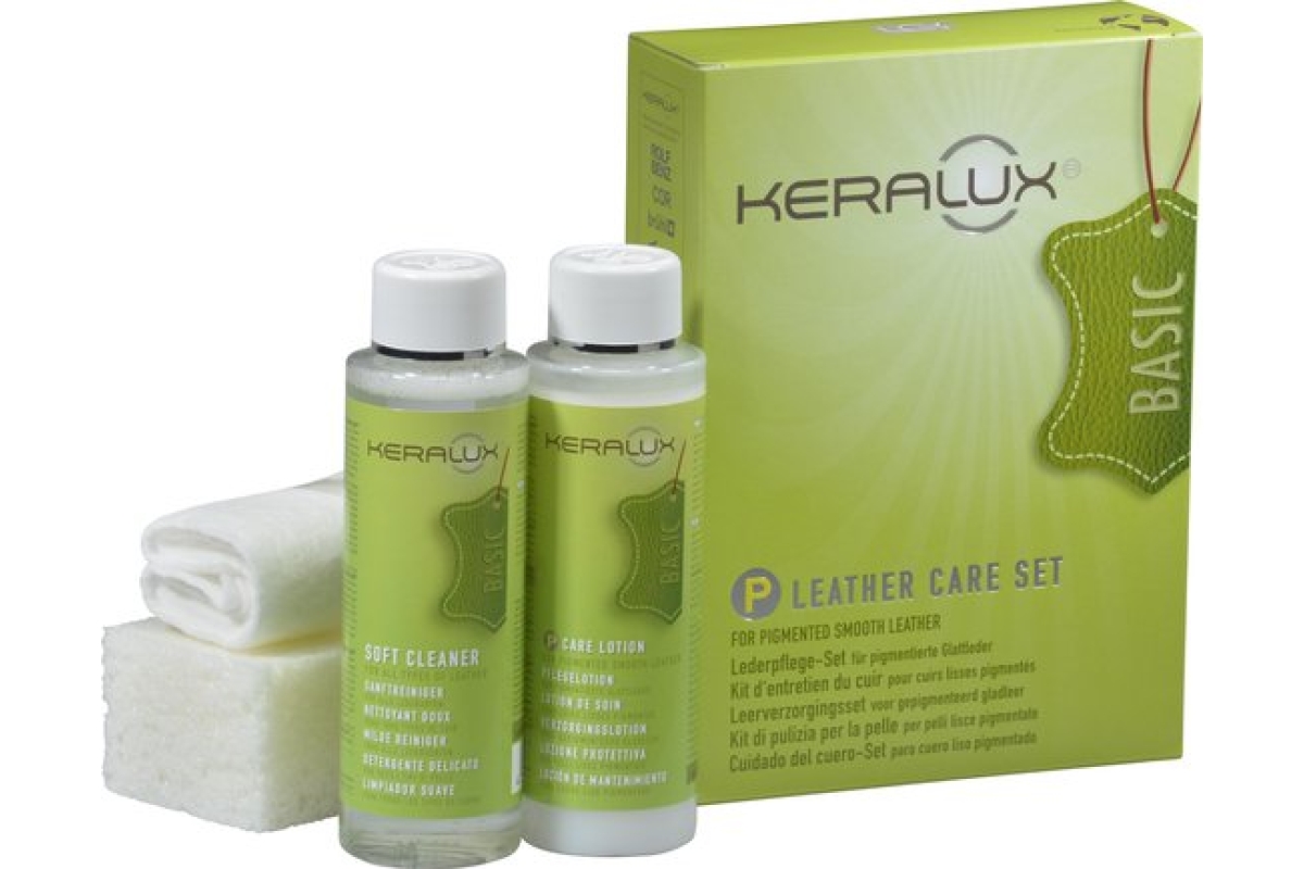 Keralux Basic leerverzorgingsset met twee flessen reiniger en lotion, spons en d