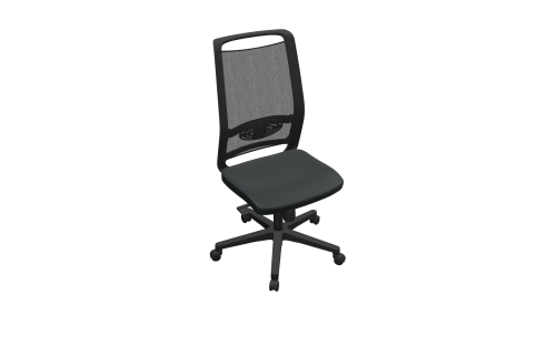 Zwarte bureaustoel met mesh rugleuning en vijf zwenkwielen.
