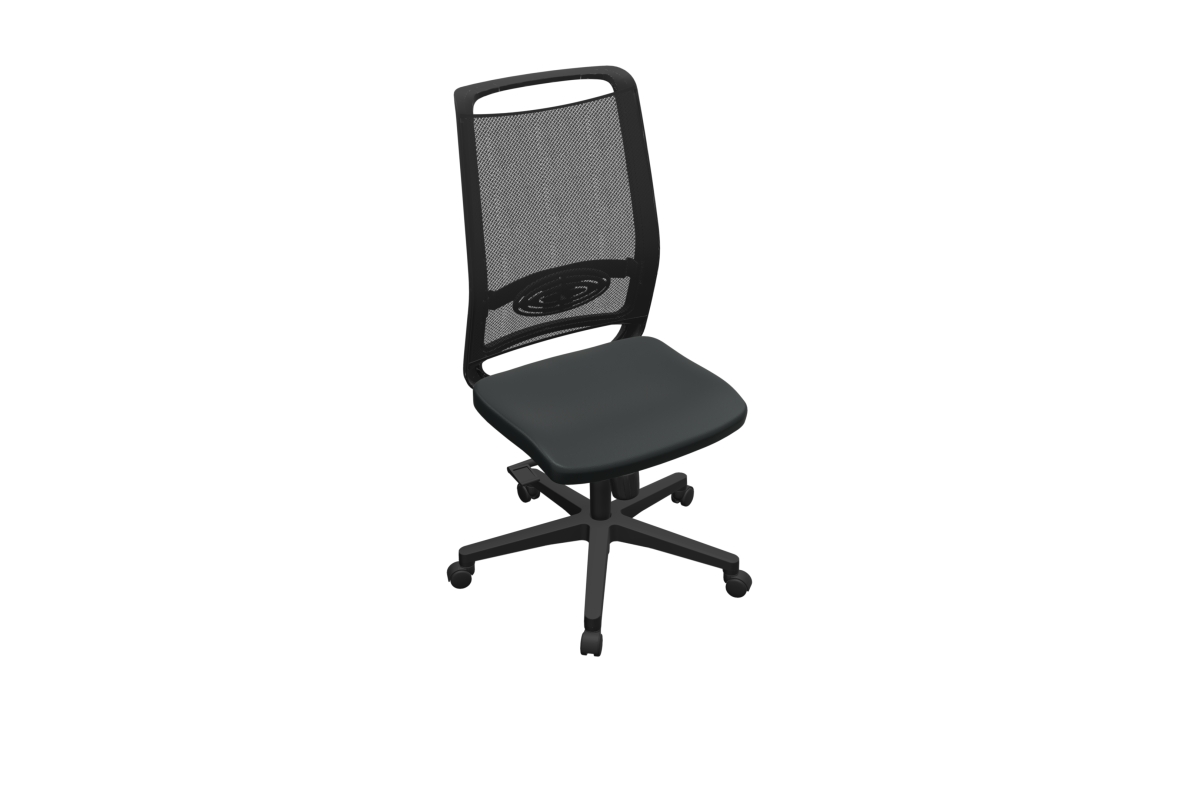 Zwarte bureaustoel met mesh rugleuning en vijf zwenkwielen.