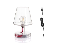 Transparante tafellamp met een zichtbare filament LED-lamp en rood snoer, met bi
