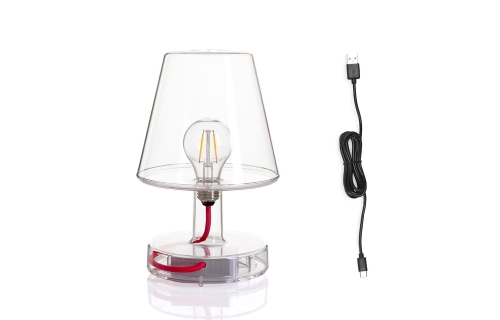 Transparante tafellamp met een zichtbare filament LED-lamp en rood snoer, met bi