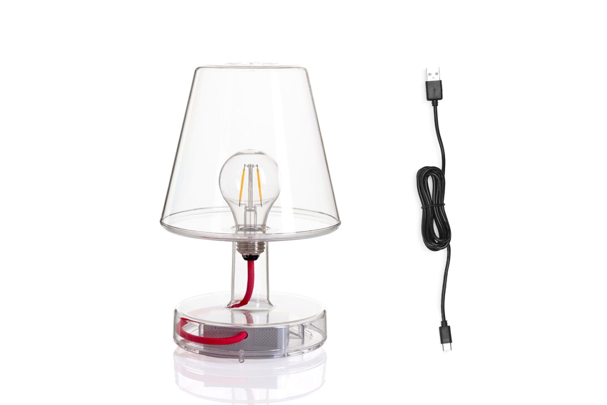 Transparante tafellamp met een zichtbare filament LED-lamp en rood snoer, met bi