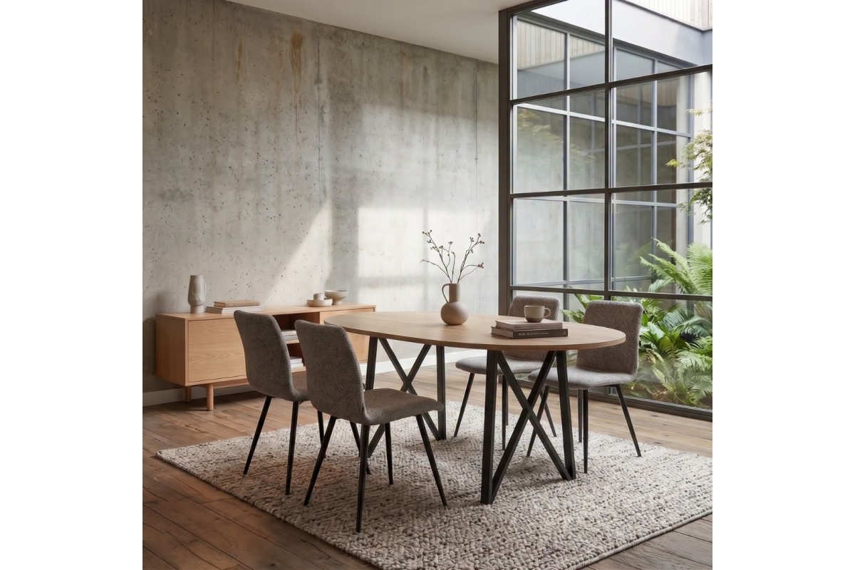 Ovale eettafel met zwarte metalen poten en vier eetkamerstoelen in een eetkamer